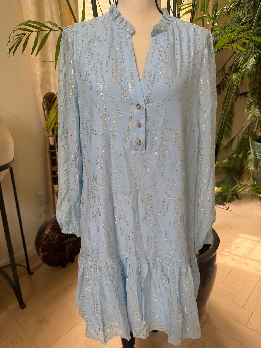 Lilly Pulitzer Pale Blue Metallic-Print Long Sleeve Ruffle Dress